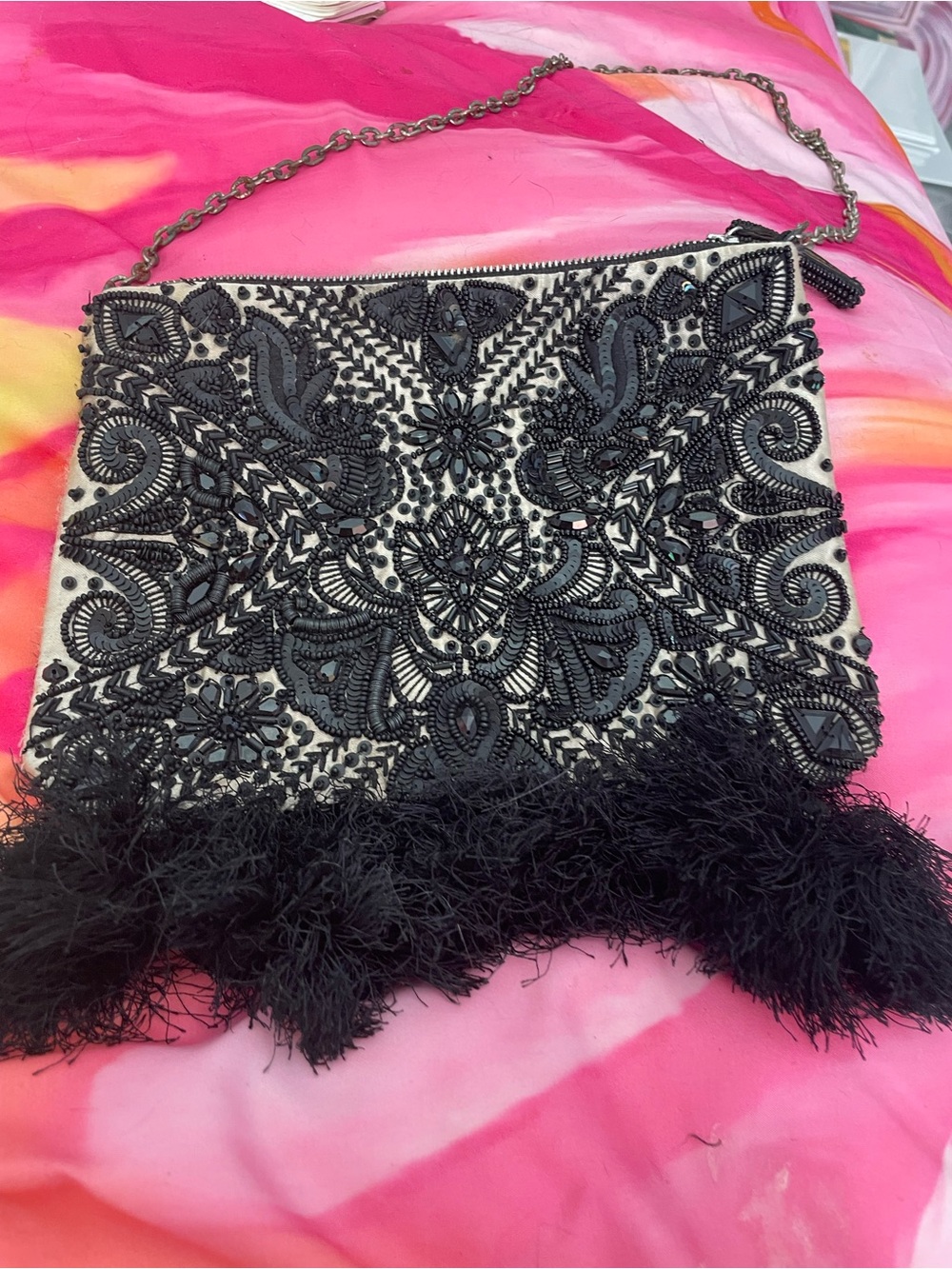 Chico's Black Beaded & Cream Feather-Trim Clutch